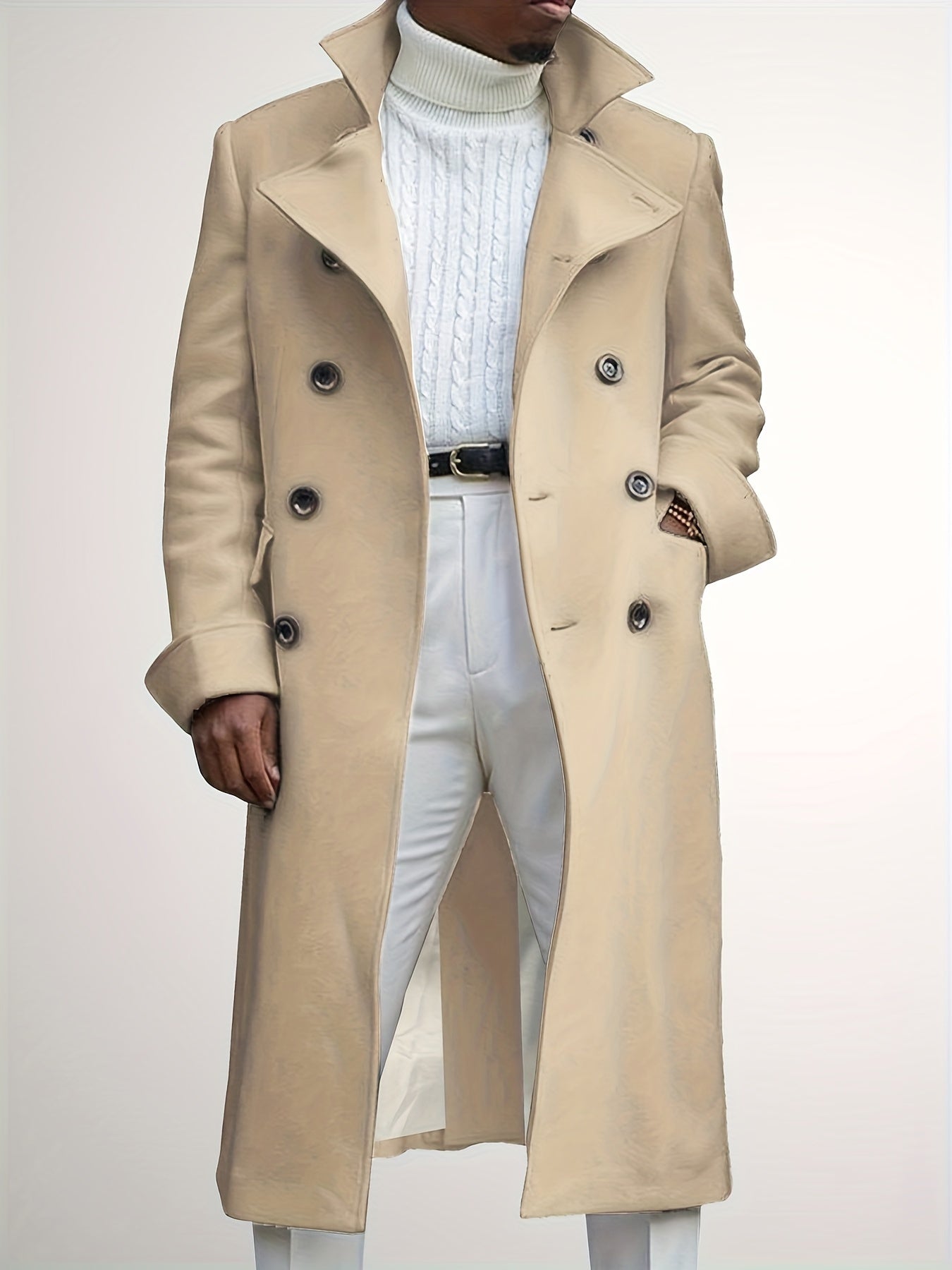 Men's Notch Lapel Long Trench Coat - Casual Insulated Winter Peacoat Classic Double Breasted Overcoat Solid Winter Coat -  Wool Blend - For Men - Suitable for Winter - Perfect Gift for Men
