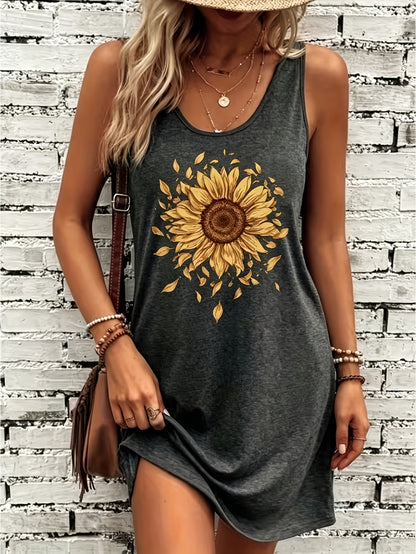 Casual Sunflower Print Loose-fitting Home Dress, Vintage Round-neck Sleeveless Sunflower Pattern Tank Dress, Summer Beach Vacation Style