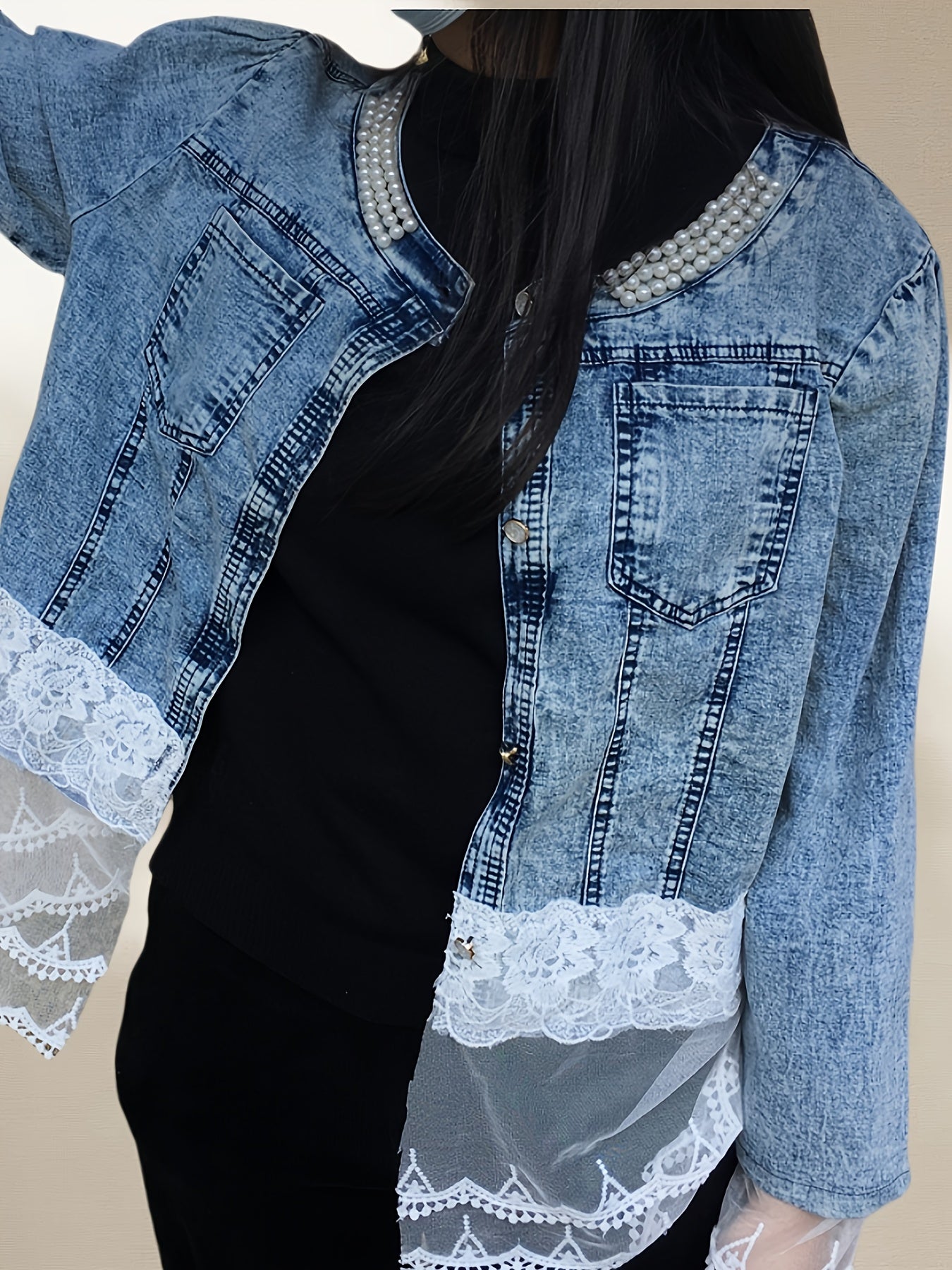 Women'S Casual Jacket, Lace Floral Pattern, Exquisite Buttons, Daily Fashion Beaded Denim Jacket, Very Suitable for Spring And Autumn