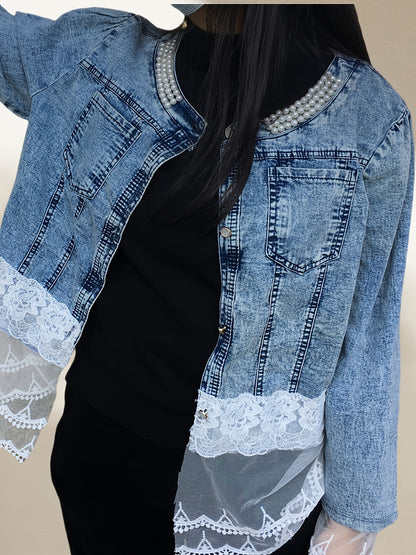 Women'S Casual Jacket, Lace Floral Pattern, Exquisite Buttons, Daily Fashion Beaded Denim Jacket, Very Suitable for Spring And Autumn