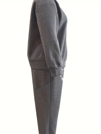 Women's Cozy Brown Sweatshirt & Jogger Set with "Money" Graphic - Casual Crew Neck, Long Sleeve, and Pants with Drawstring Waist - Perfect for Fall and Winter, Allseason Outfit|Playful Graphic Set|Comfortable Fit