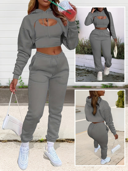 Women'S 3pcs Sweatsuits Sets Sexy Super Cropped Hoodie Tank Top And High Waisted Jogger Sweatpants Matching Loungewear Athleisure Outfits