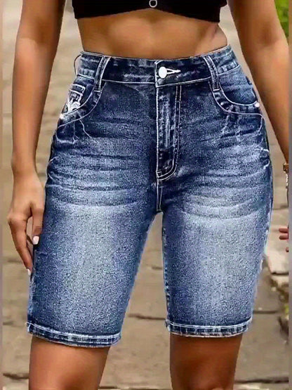 Women'S Stretch Denim Shorts with Embroidered Floral Design - Casual And Elegant Mid-Thigh Length, Washed Blue, Slanted Pockets, Comfortable And Fitted for Spring And Summer
