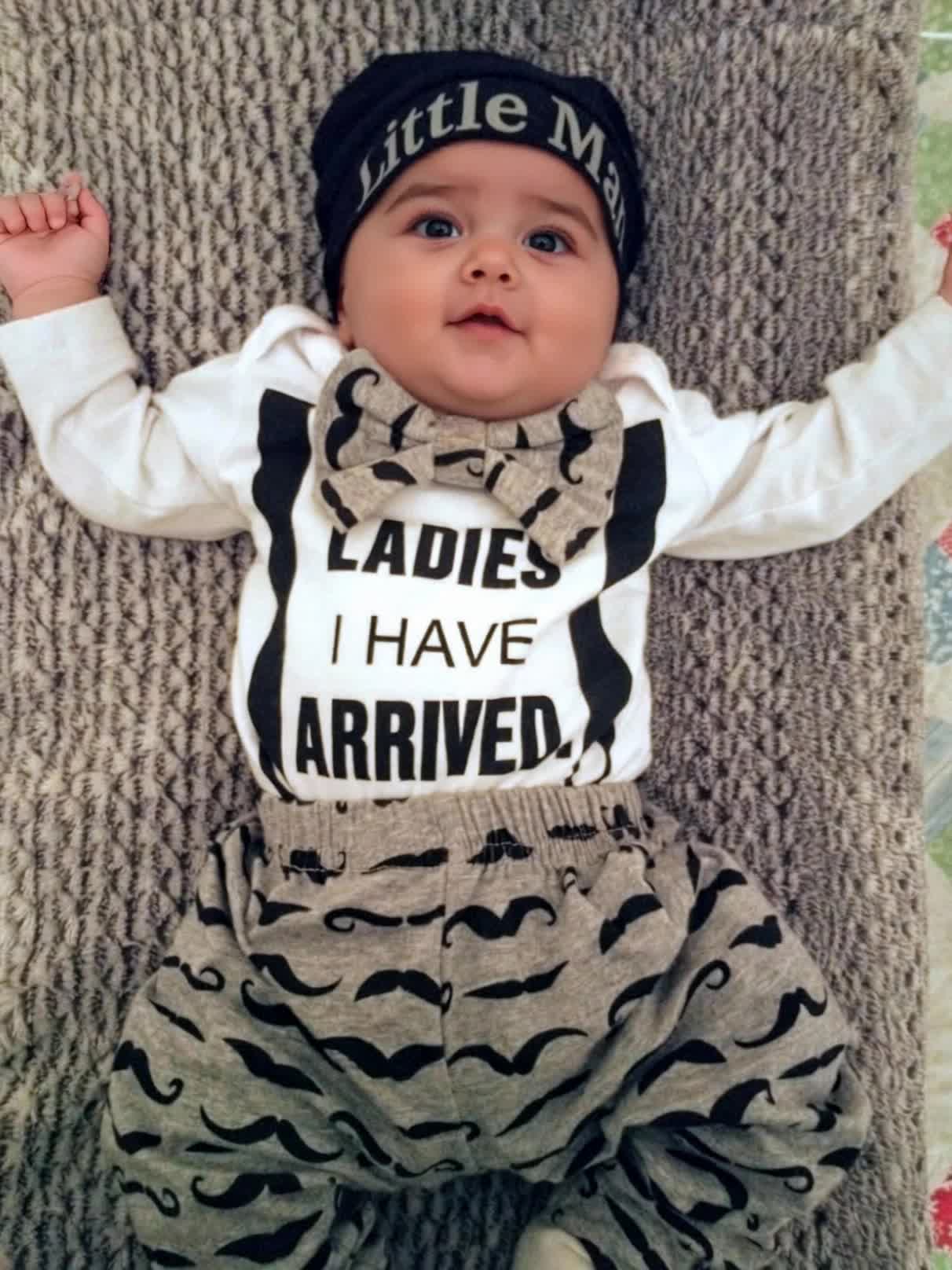 Kukitty Newborn Baby Boy Clothes Long Sleeve Bow "Ladies I Have Arrived" Romper + Moustache Printed Pants + Hat Infant Boys 3pcs Outfits Set, for Outdoor