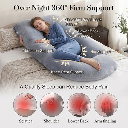 80-Inch J-Shaped Velvet Pregnancy Pillow - Crystal Velvet Full-Body Design