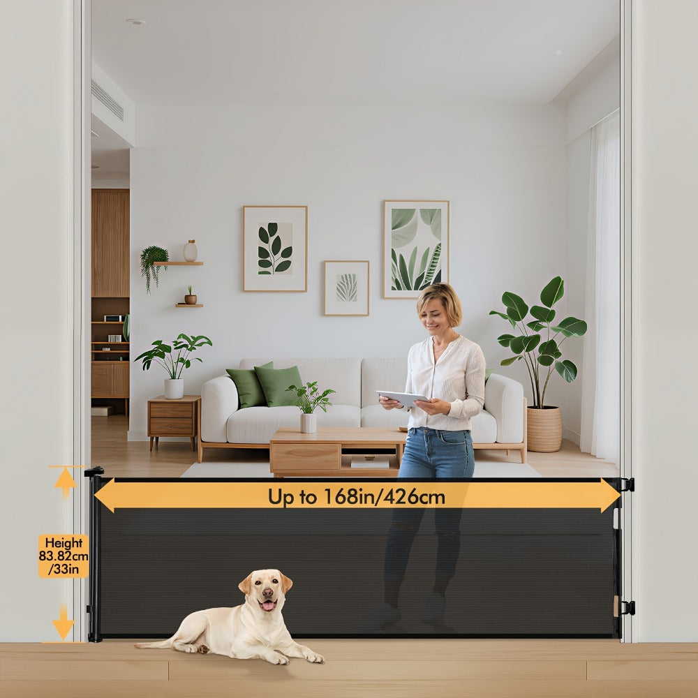 Retractable Mesh Safety Gate - 33/41 Inch Tall - Hardware-mounted expandable mesh design