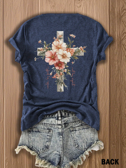 Jesus Floral Cross Double-Sided Print T-shirt - Stylish Faith-Inspired Design for Casual Wear, Perfect for Christian Women, Trendy and Comfortable -blend T-shirt with Double-sided Print