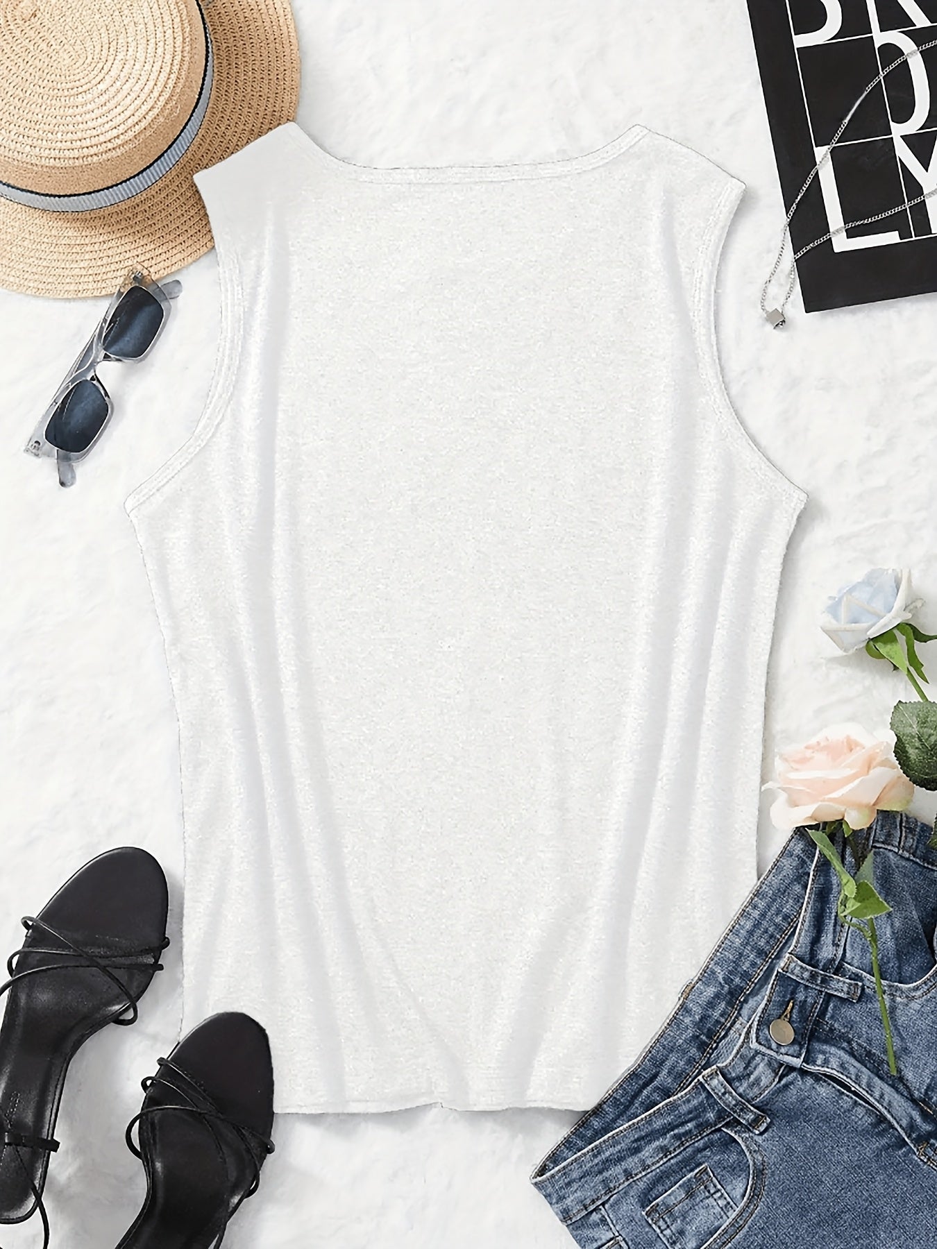 Plus Size, 1pc Plus-Size Women's Sleeveless Tank Top with Mantis Print Round Neck Stretchy Shirt - Non-Transparent Casual Casual Attire Suitable for All Seasons, Spring/Summer Layering Piece, Machine Washable Gift for Curvy Women (No)