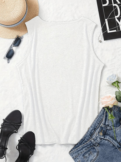 Plus Size, 1pc Plus-Size Women's Sleeveless Tank Top with Mantis Print Round Neck Stretchy Shirt - Non-Transparent Casual Casual Attire Suitable for All Seasons, Spring/Summer Layering Piece, Machine Washable Gift for Curvy Women (No)