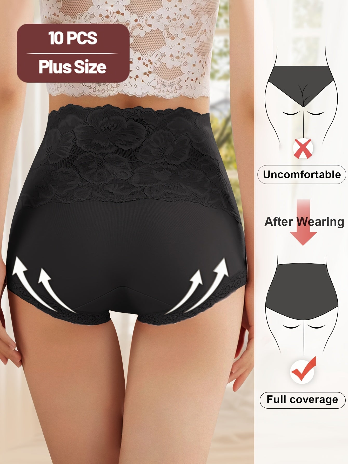 10pcs of Women's Plus-size High-waisted Seamless Tummy Control Panties- Lace-trimmed, Medium Stretch, Comfortable Daily Wear, Elegant Solid Color, Exquisite Design, Moderate Elasticity, Stylish and Durable, Exclusive Curves