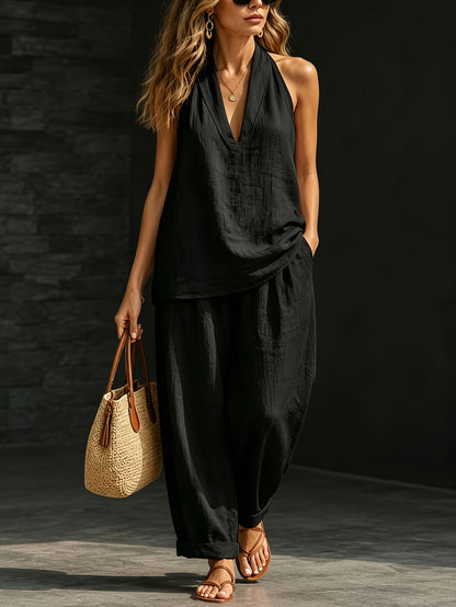 2pcs The New Spring/Summer 2026 Women's Halter-neck V-neck Sleeveless Casual Suit Is Suitable for Daily Casual Wear