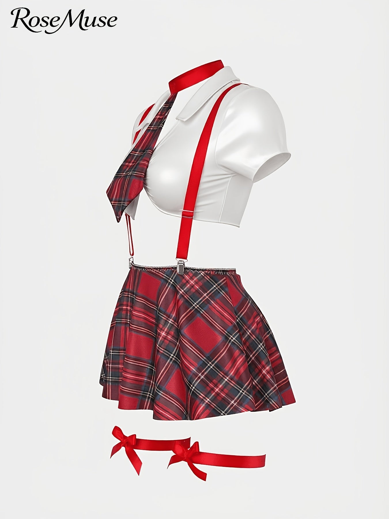 New European And American Style Plus-Size Women'S Cosplay Uniform Set: Plaid Suspender Mini Skirt, Top, Panties, Bow Tie, And Bow Leg Cuffs - 8pcs Set, Laid Skirt Sleeves Uniform Lingerie Set