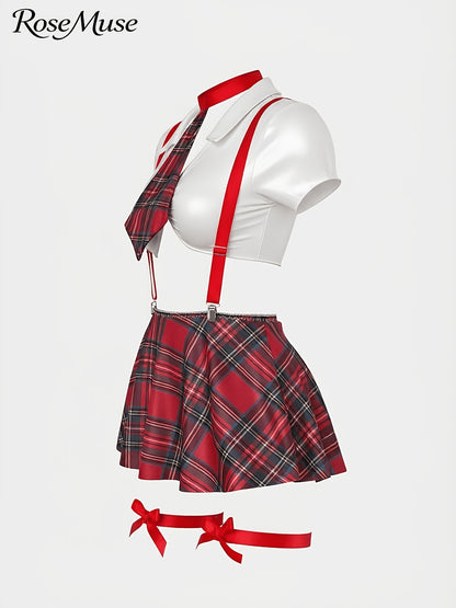 New European And American Style Plus-Size Women'S Cosplay Uniform Set: Plaid Suspender Mini Skirt, Top, Panties, Bow Tie, And Bow Leg Cuffs - 8pcs Set, Laid Skirt Sleeves Uniform Lingerie Set