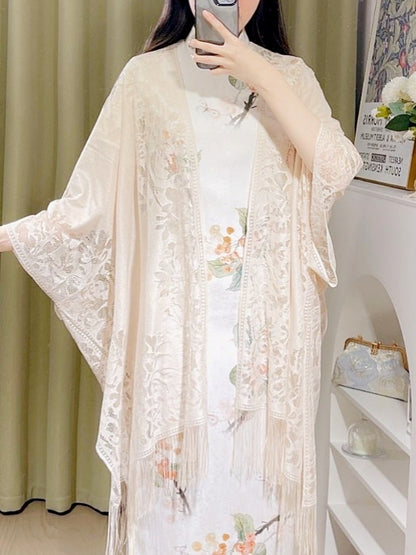 Woman's Plus Size Boho Cover Up, Lace Kimono, Women's Plus Floral Lace Batwing Sleeve Cover-Up, Open Front Tassel Trim Kimono, Lightweight Beach Cover Up