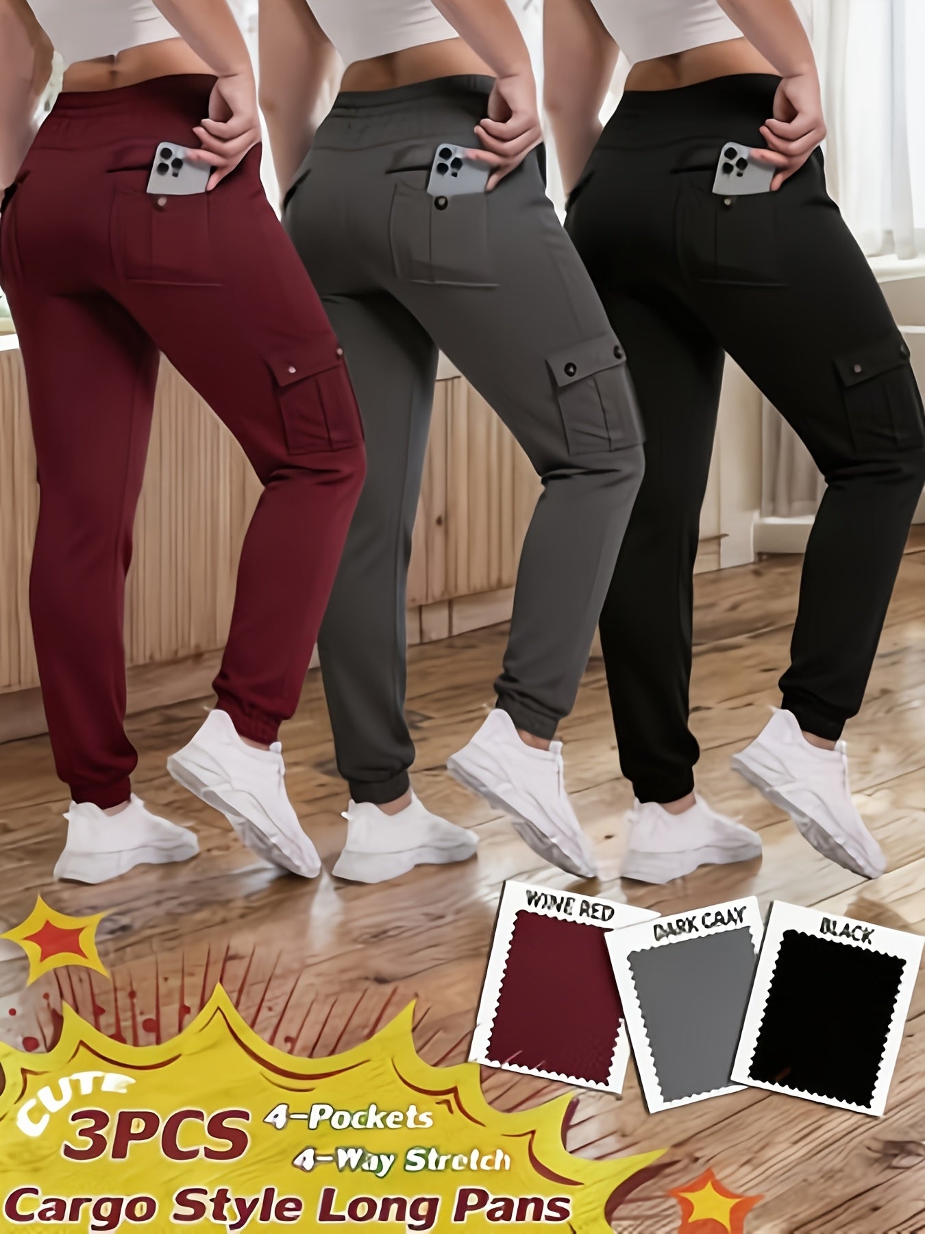 3-Pack High Waisted Cargo Yoga Pants With Slide Pockets - Tummy Control, 4 Pockets, Breathable 4-Way Stretch, Moisture Wicking, Perfect For Running, Gym & Yoga Lovers