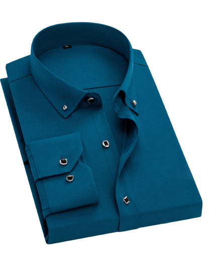 Father'S Day Gift Choice, Men'S Long Sleeve Button Shirt, Crystal Button Design, Solid Color Plain Formal Business Attire, Great As Gift for Party, Wedding, Date Dress Shirt