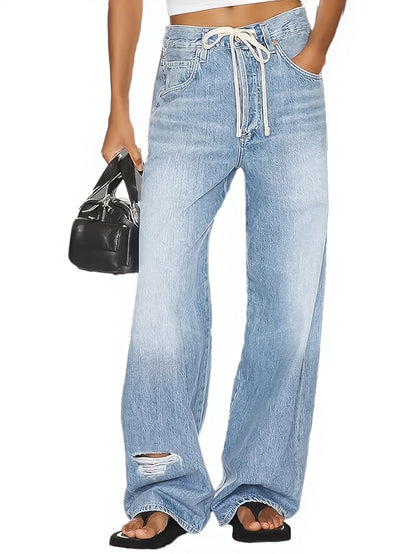 Women'S Wide Leg Mid-Waist Casual Drawstring Hollowed Out Jeans with Pockets, Comfortable And Versatile, Casual And Fashionable, Very Suitable for Work, Travel, Shopping And Daily Wear
