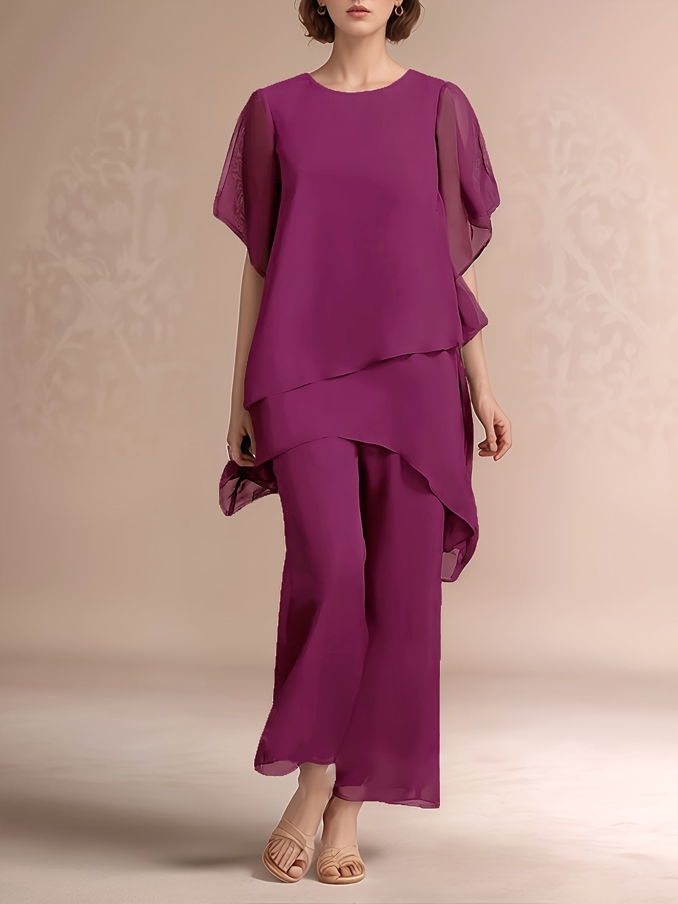 Women'S Chiffon Short Sleeve 2pcs Set Solid Color Irregular Elegant Party Fashion Suit