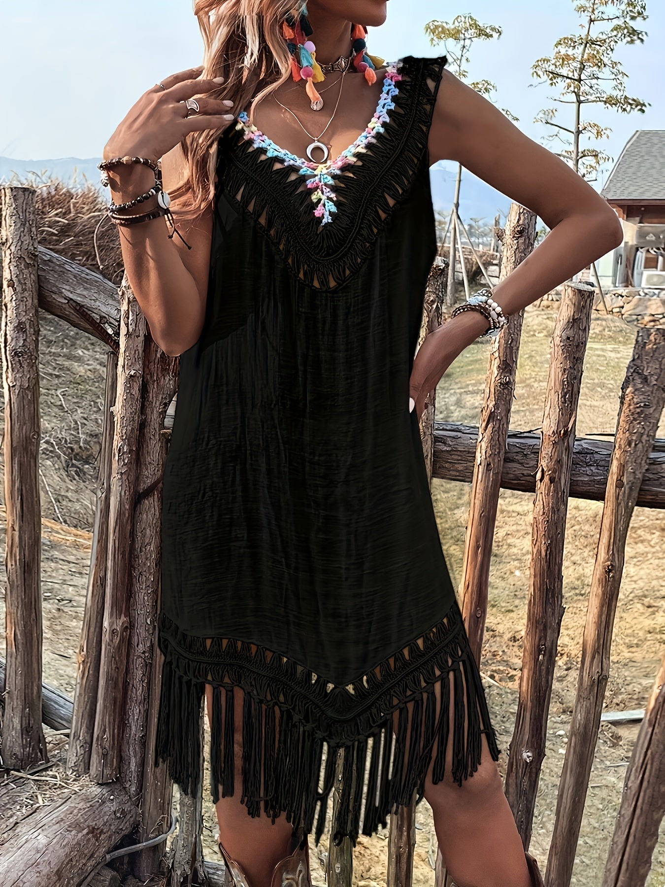 Women's Summer Vacation Style Hand Hook Splicing Color Thread Splicing Fringe V-neck Pullover Hollowed Out Beach Bikini Smock Skirt