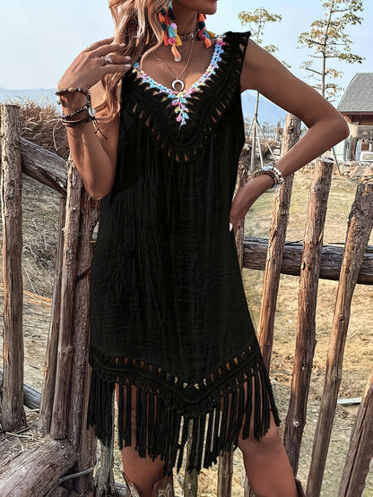 Women's Summer Vacation Style Hand Hook Splicing Color Thread Splicing Fringe V-neck Pullover Hollowed Out Beach Bikini Smock Skirt