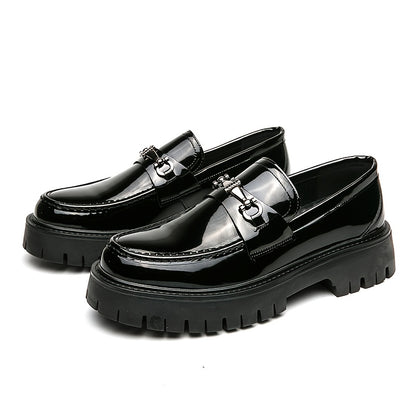 [Party Wedding Prom] Men's Patent Platform Slip-On Loafers, Fashion Round Toe Metal Decoration Non-Slip Thick Sole Business Dress Shoes Casual Party Wedding Prom Shoes All-Season Versatile for Office, Party, Casual Wear - Slip-On Round Toe Design