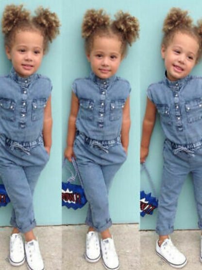 Little Kids Girls Fall Denim Jumpsuit - Sleeveless Folded Collar Button- One-Piece with Chest Pockets Long Pants, Easy Soft Daily Outing Photo Prop Leisure Autumn Clothes, for Outdoor