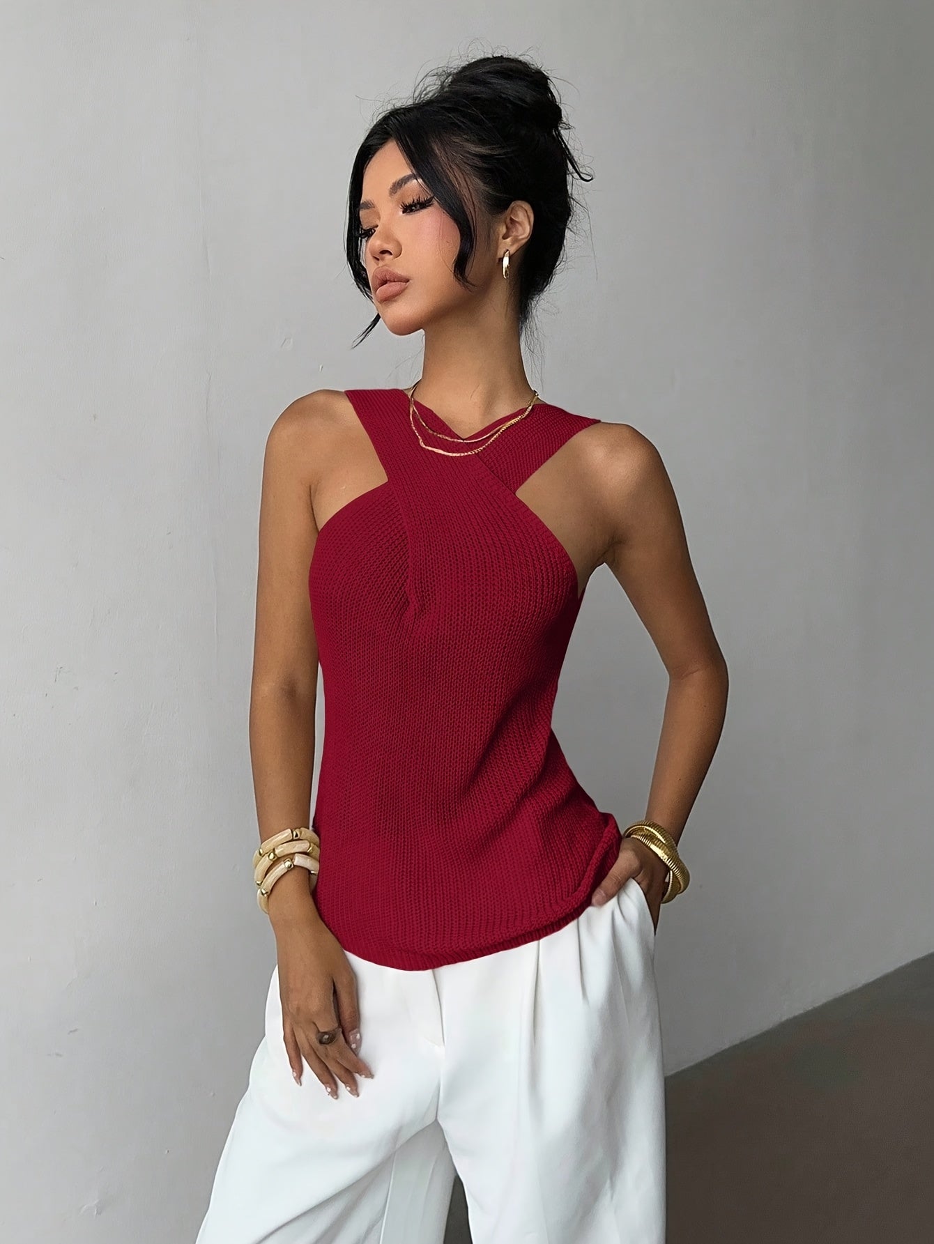 Casual, Niche Design, Crossover Neck Sweater, Summer Women'S Clothing, Sleeveless Top For Women.