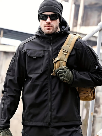 Men's Tactical Jacket Outdoor Zippered Shell Jacket, Windproof, Scratch Resistant, Warm Hooded Jacket, Suitable for Outdoor Activities, Ripstop Technology, Multiple Utility Pockets - Non-Stretch Outdoor Gear for Camping, Survival, Tactical Training.
