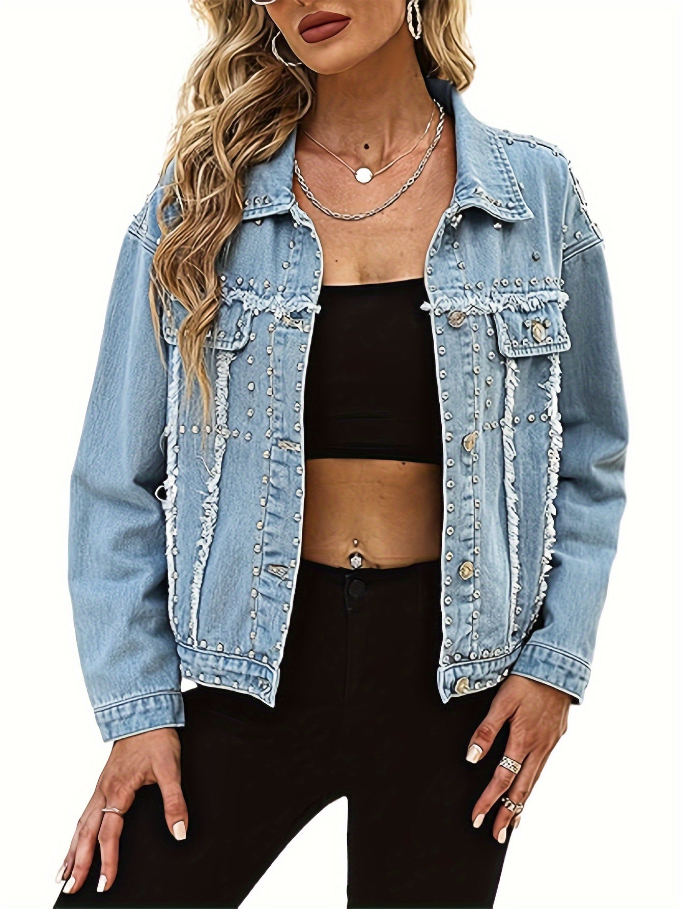 Women's Long Sleeve Rivet Studded Denim Jacket Casual Washed Pearl Short Jean Coat