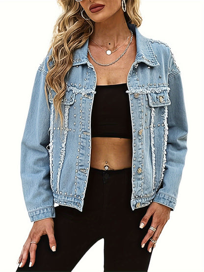Women's Long Sleeve Rivet Studded Denim Jacket Casual Washed Pearl Short Jean Coat