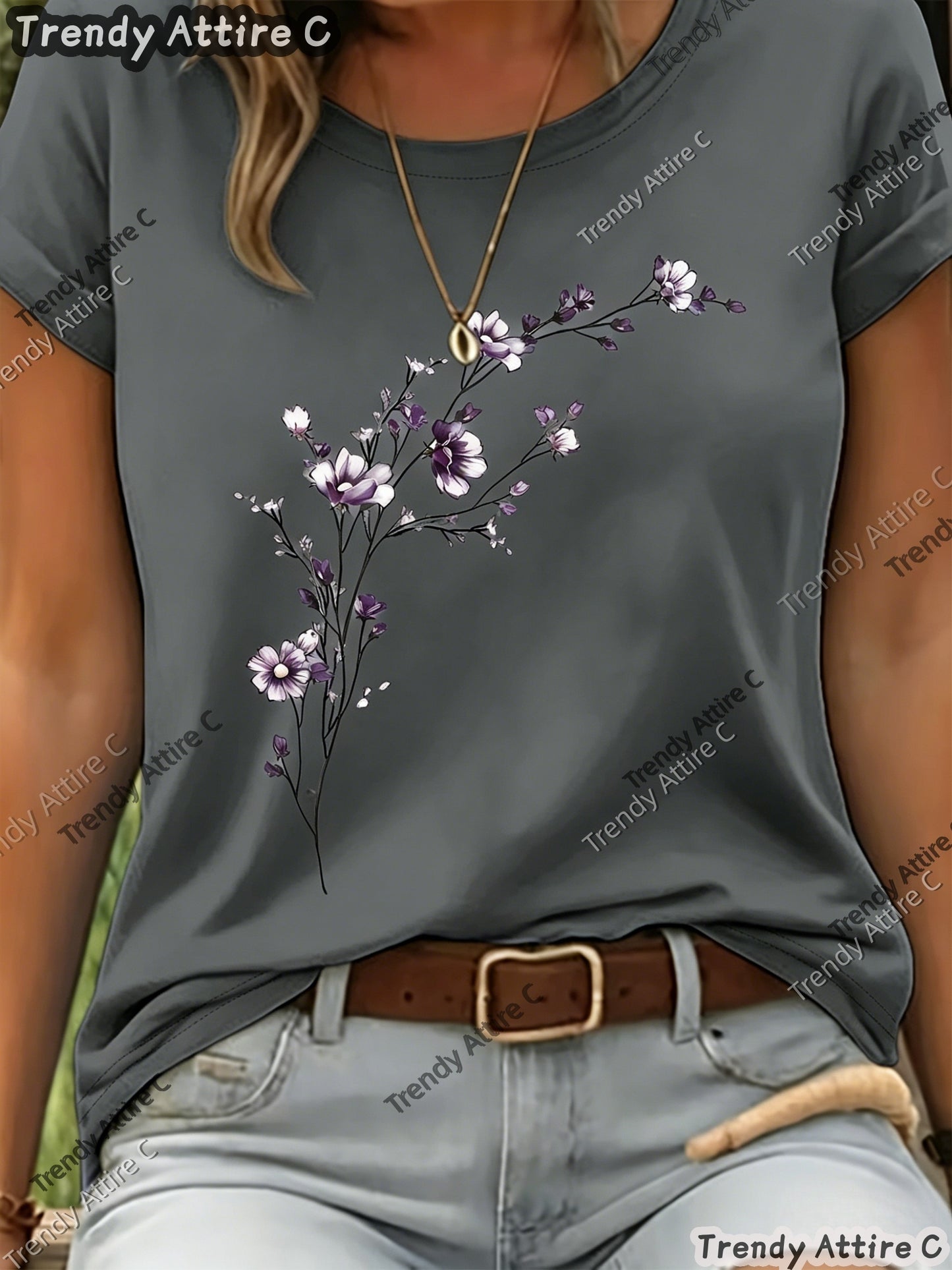 This Short-sleeved T-shirt Features A Purple Floral Print with A Horizontal Branch Pattern. It Has A Regular Fit And A Round Neck, Making It A Suitable Gift for Spring/summer. Perfect for Outdoor Casual Wear