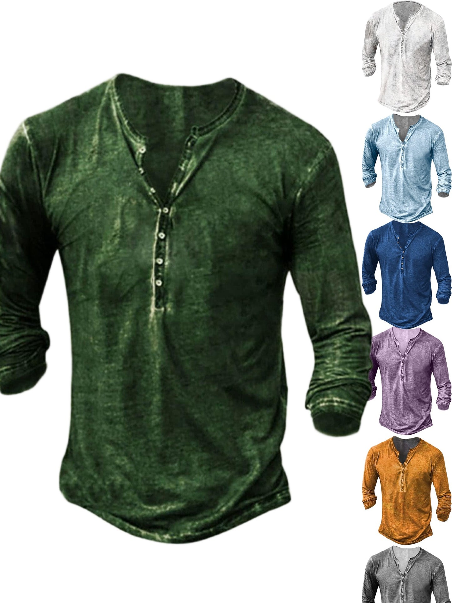 Men'S Distressed Henley Shirts with Front Placket, Retro Long Sleeve T-Shirts, Casual Button- Washed T-Shirts for Men