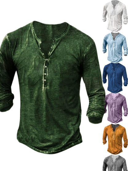 Men'S Distressed Henley Shirts with Front Placket, Retro Long Sleeve T-Shirts, Casual Button- Washed T-Shirts for Men
