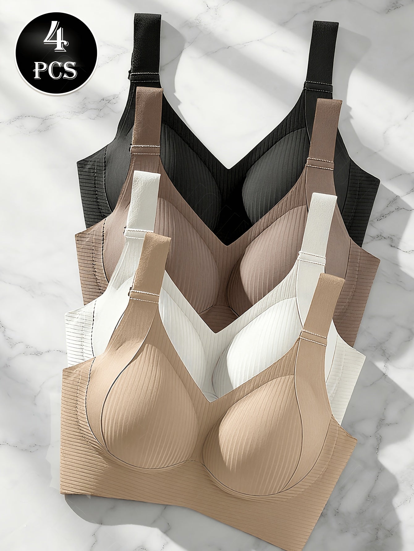 4pcs JOINBUY Women's Full Coverage Backless V-Neck Bras - Removable Pads & Suitable for Daily & Special Occasions, High Elasticity Seamless Support Bra with V-Neck Backless Design, Removable Cups, Moderate Lift Underwear (Solid Color)