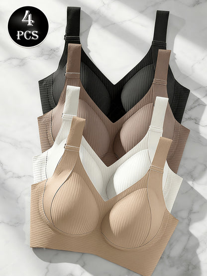 4pcs JOINBUY Women's Full Coverage Backless V-Neck Bras - Removable Pads & Suitable for Daily & Special Occasions, High Elasticity Seamless Support Bra with V-Neck Backless Design, Removable Cups, Moderate Lift Underwear (Solid Color)