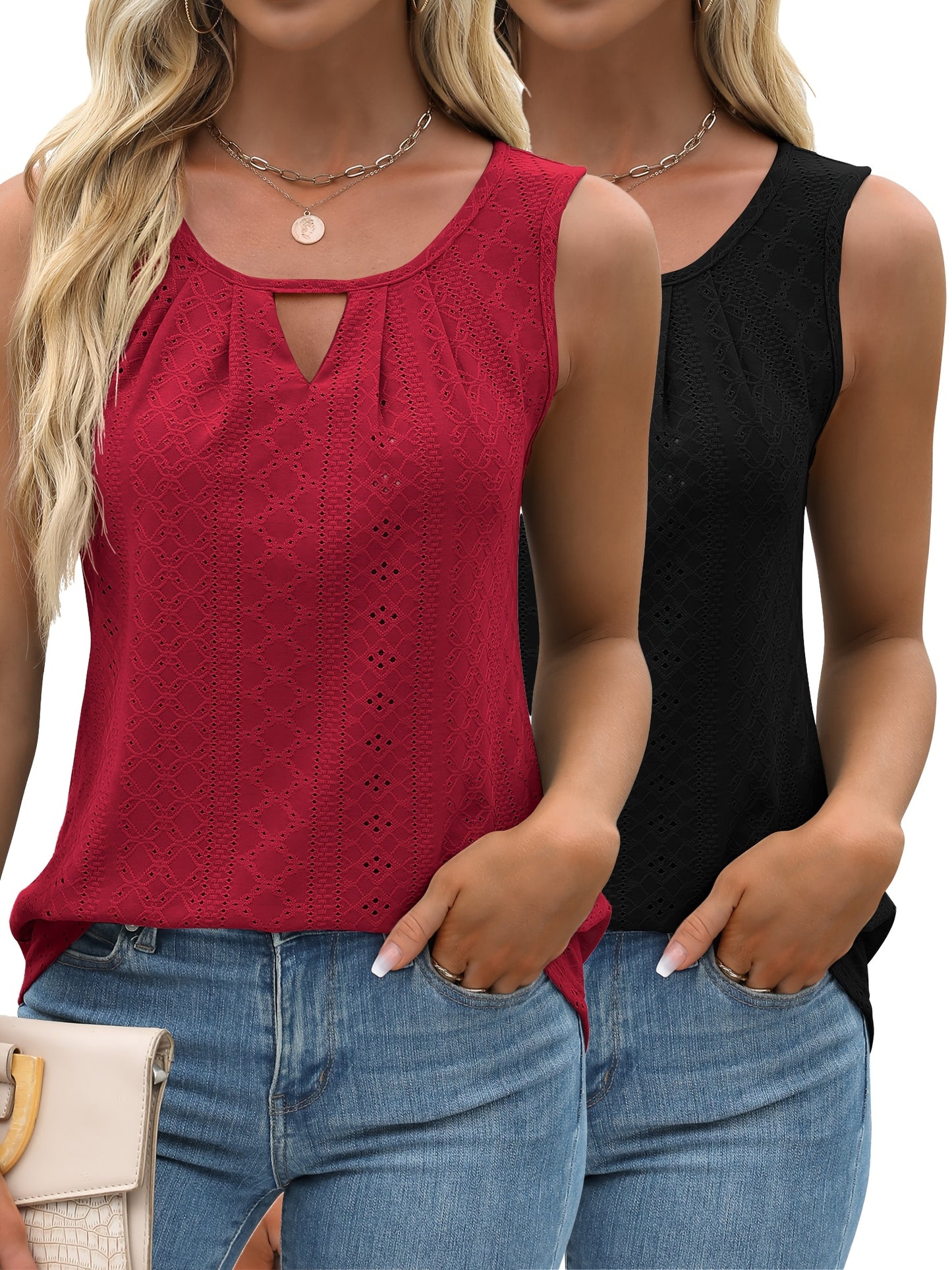 Women's Two-Piece Summer Tank Top Set - Sleeveless Eyelet Embroidery, Loose Fit, Business Casual Tops for Work & Everyday Wear[Women's Two-Piece Summer Tank