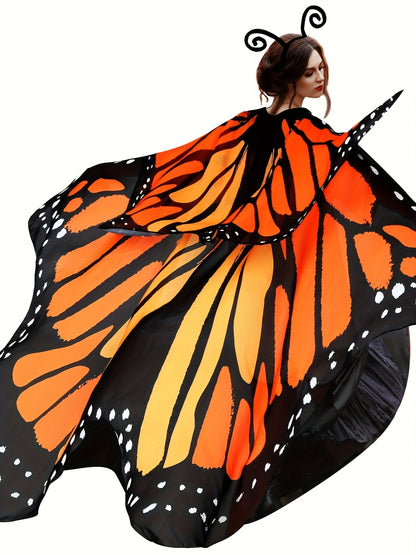 2pcs Women's Retro Yellow Butterfly Wings & Shawl Costume with Headband - Full-Body Winged Outfit (Size L), Hand Washable for halloween, Costume Parties & Themed Events - Non- Winged Attire for all-Season Wear for s