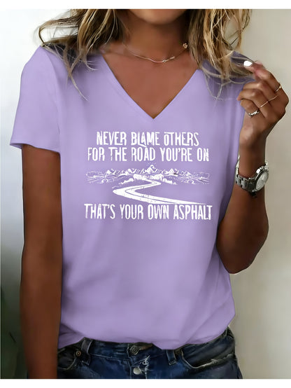 Women'S White V-Neck Short Sleeve T-Shirt- "Never Blame Others" Inspirational Print, Casual Standard Fit, Machine Washable, Perfect for Daily Wear and Gifts, Fashionable Breathable Top, Trendy Printed Shirt for Everyday Style