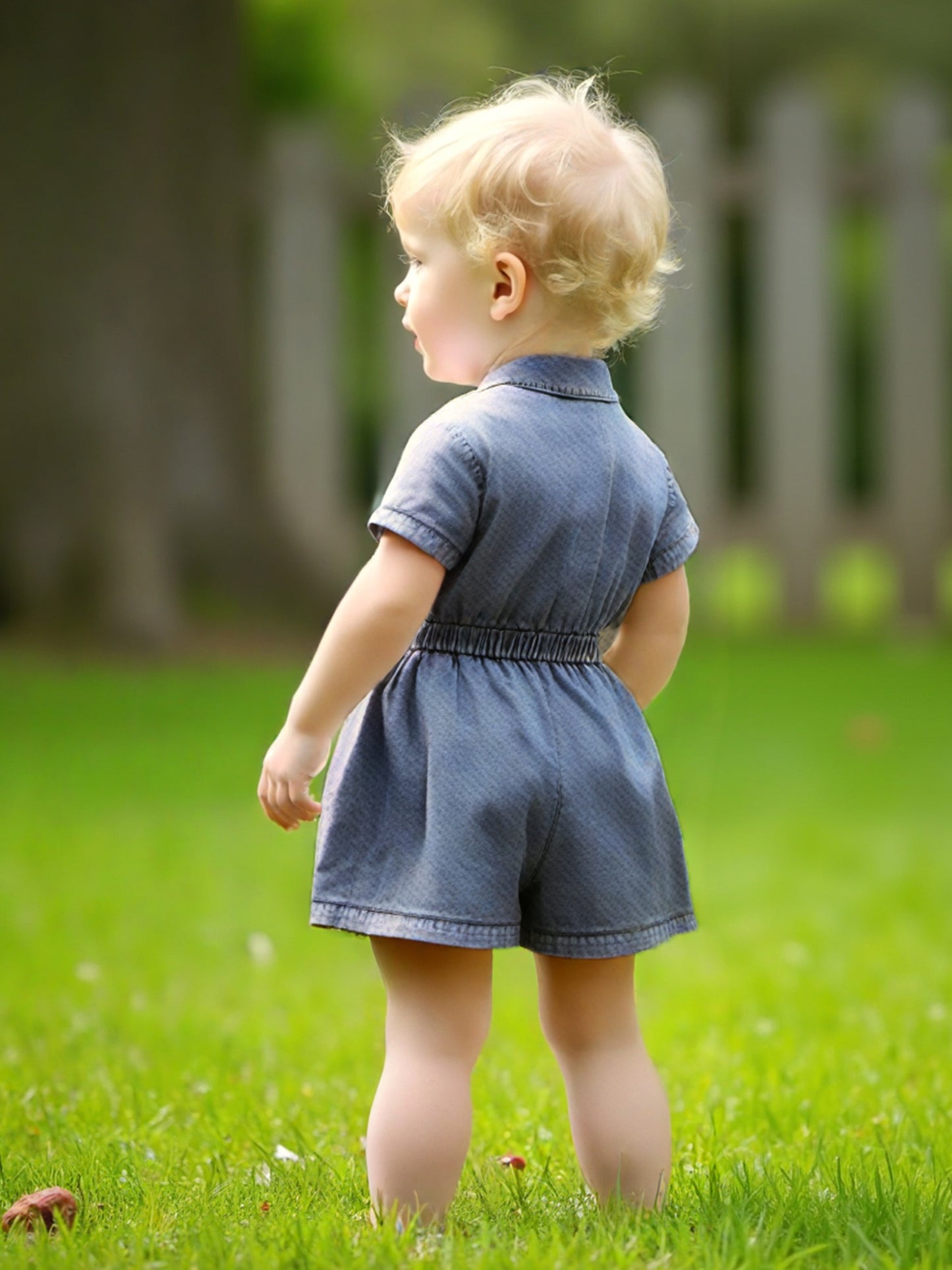 Denim Overalls for Baby Girls Featuring Short Sleeves, a Turn- Collar, Button Closure, And an Elastic Waistband