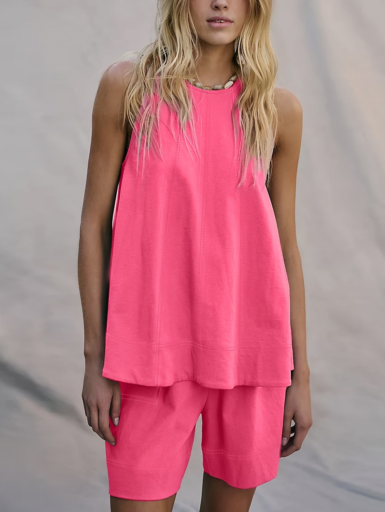 Womens 2pcs Outfits Sleeveless Matching Sets A Line Tank Tops Contrast Stitching High Waist Shorts with Pockets