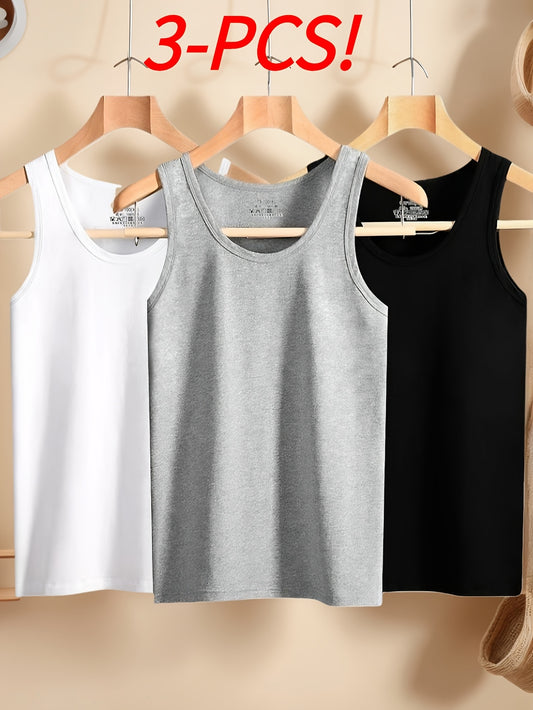 3pcs Simple Tops Pure Cotton Men's Vests And Tops Include Black White And Gray – Black option – main product image