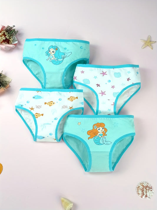 4-Pack Girls' Cotton Briefs - Cute Mermaid and Ocean Prints – main product image