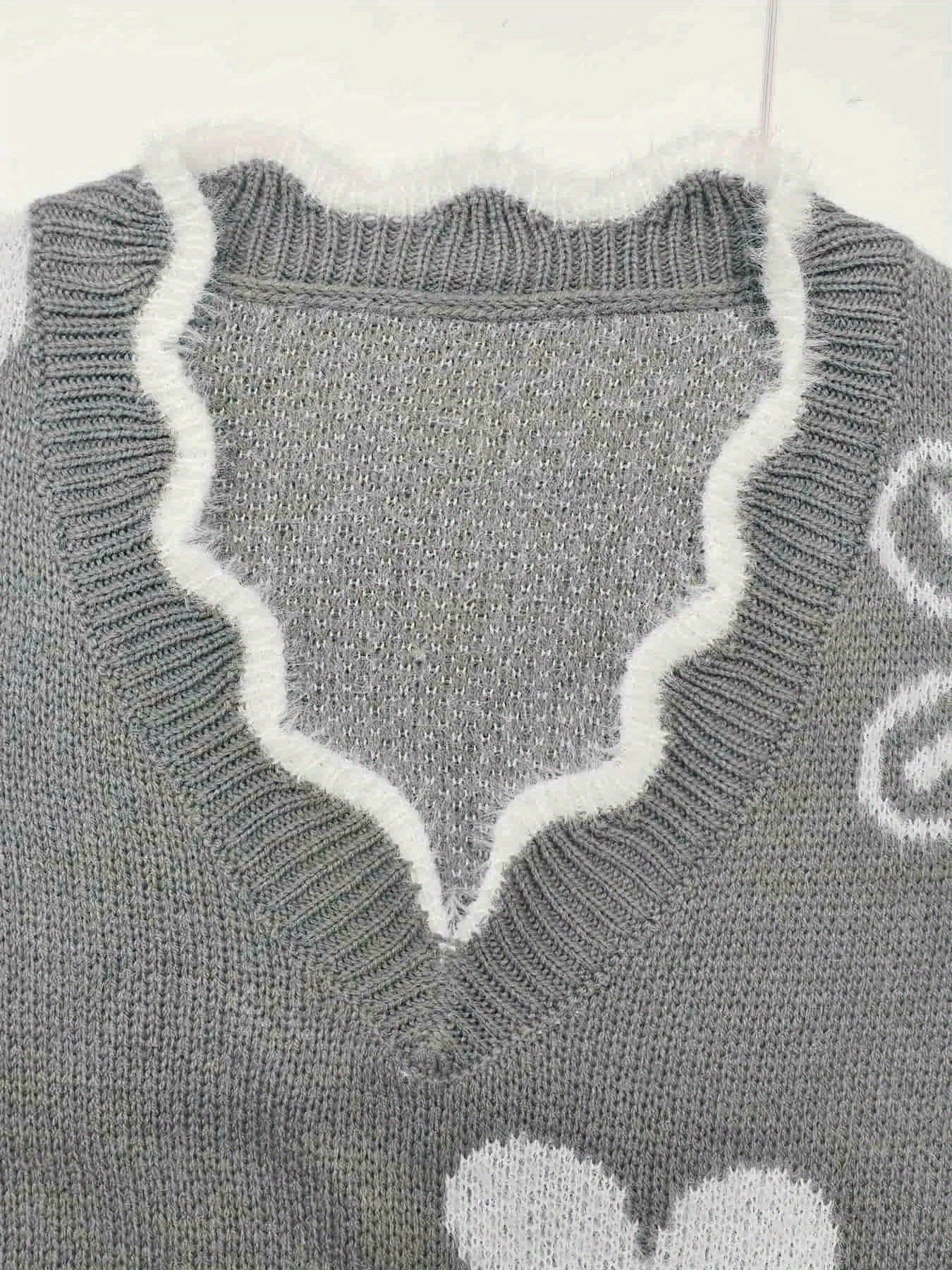 Plus Size - Plus Size - Plus Size - Women'S Plus Size V-Neck Sweater with Floral Pattern - Cozy Gray Long Sleeve Pullover, Casual Fall/Winter Wear, Relaxed Fit, Vneck Sweater