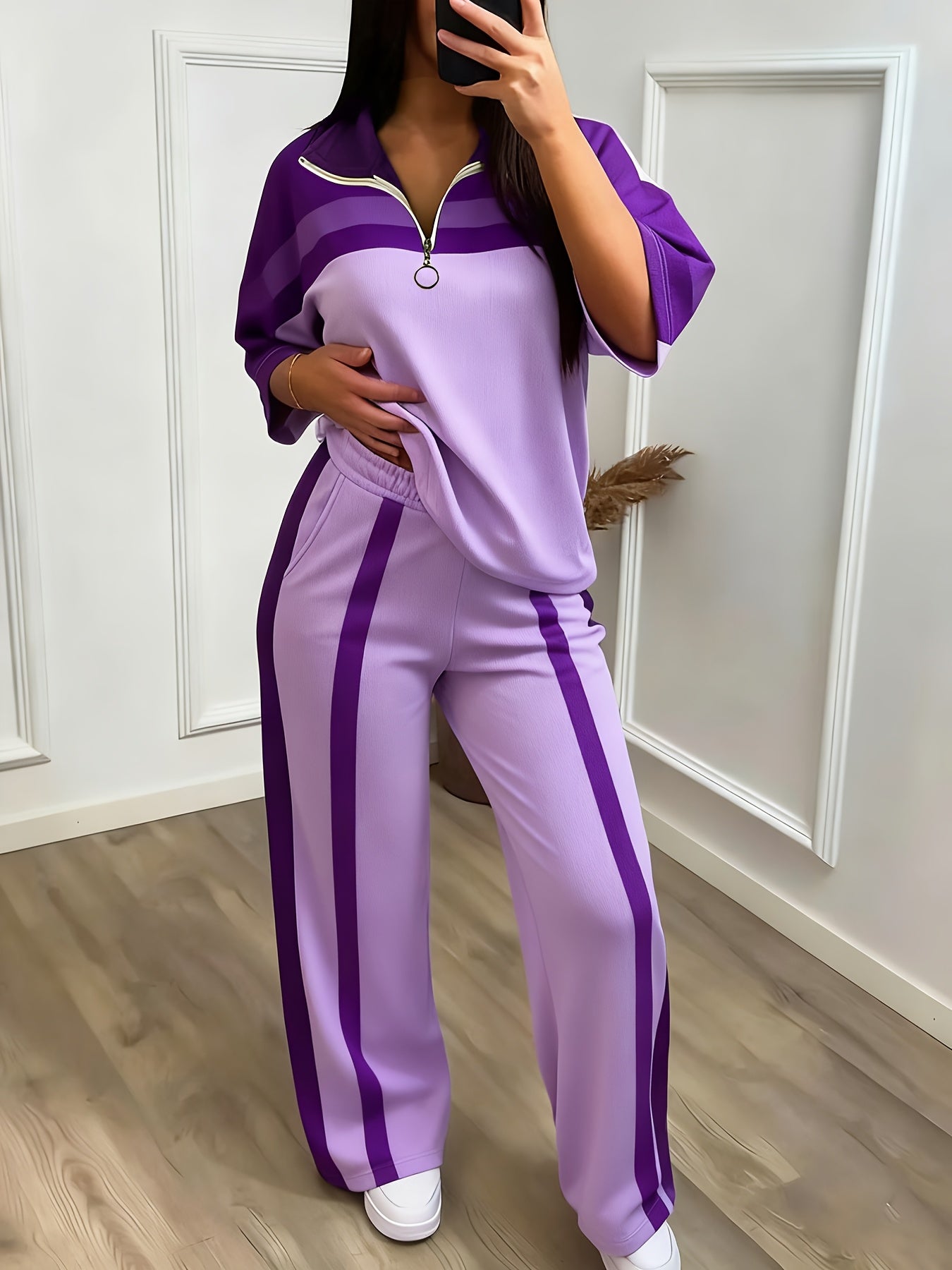 Women'S Casual Sporty Color-blocked Half-zip Stand-up Collar Mid-sleeve Sports Top + High-waisted Wide-leg Side Striped Sports Pants