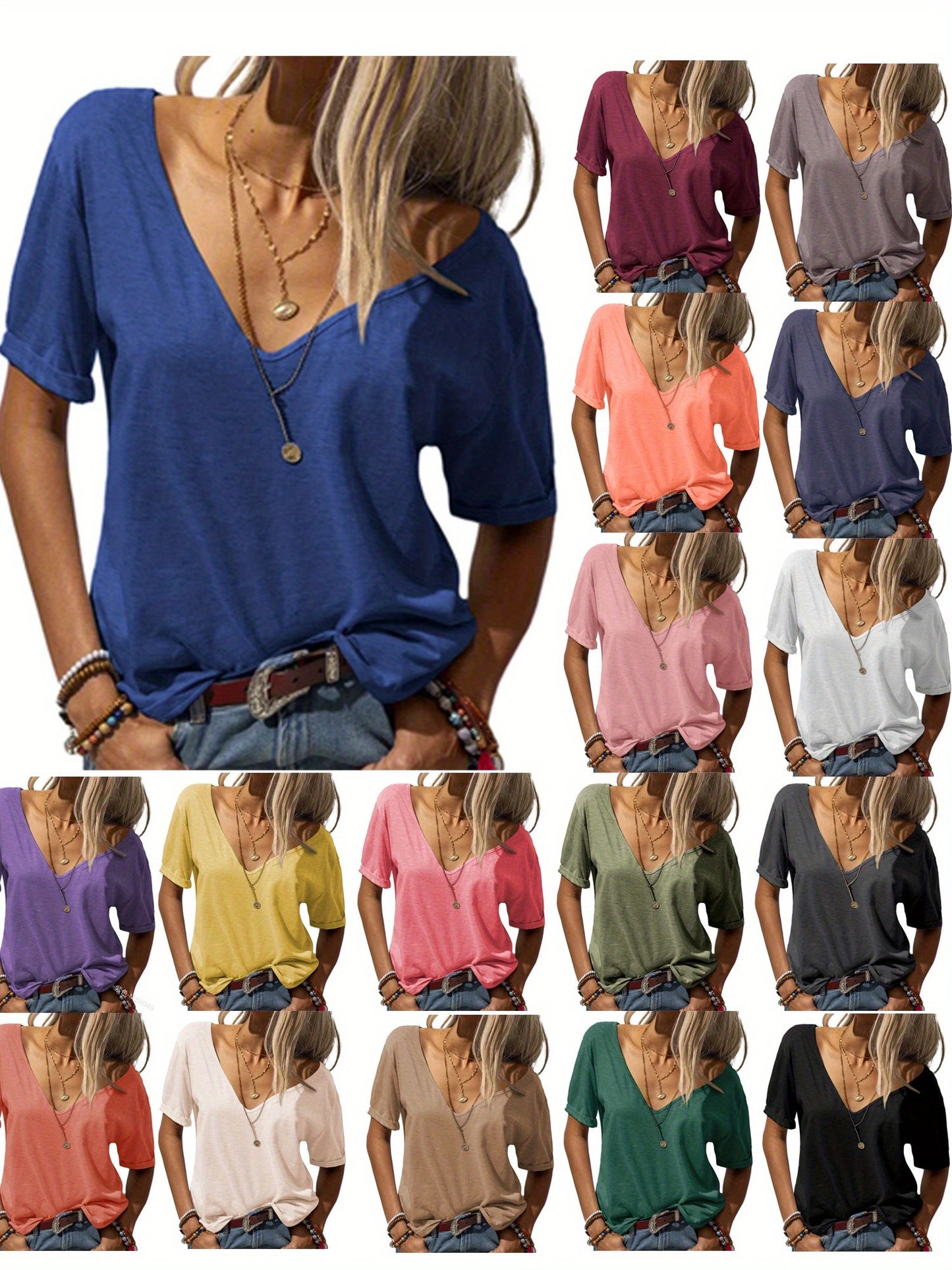 Casual Loose Basic T-Shirt for Women with a Deep V-Neck And Short Sleeves