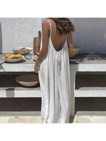 Plus Size - Plus Size - 2026 New Women'S Camisole Backless Loose Long Home Wear Dress | Beach Skirt Swimsuit, V-neck, Sleeveless, Medium Stretch Fabric, Random Print, Straight Hem, Elegant Style for Spring/Summer