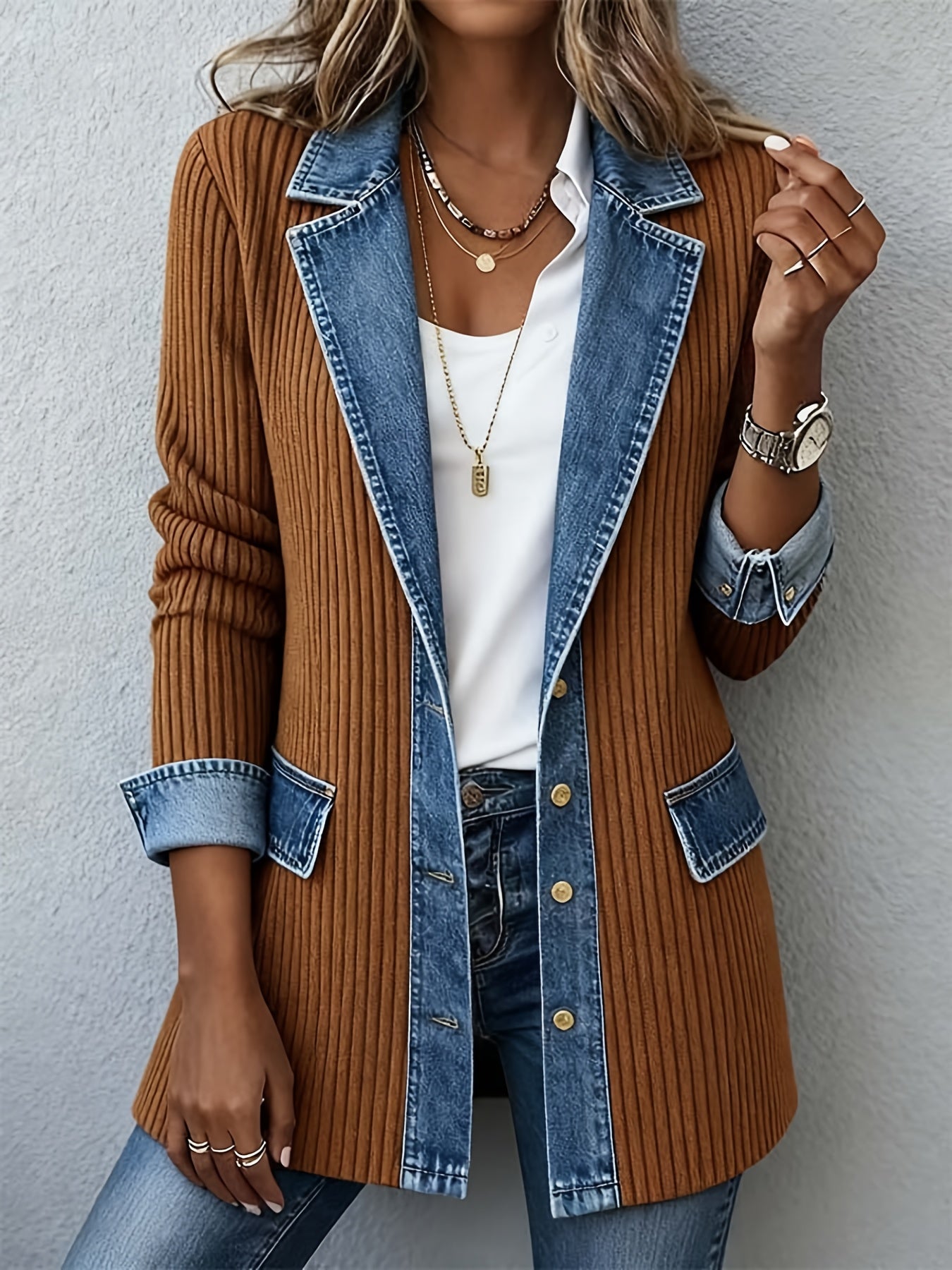 Casual Denim Patchwork Jacket with Loose Collar And Cardigan Top for Women | Long Sleeve, Single Breasted, Skinny Fit, Fall/Winter Collection