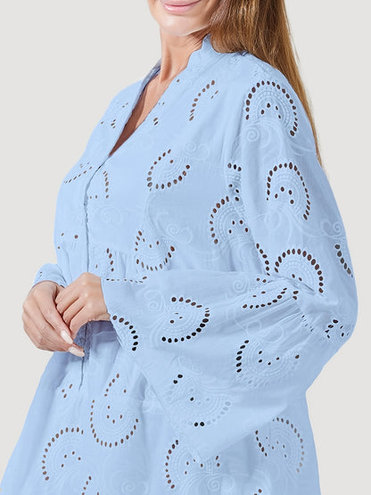Elegant Mint Green V-Neck Shirt Dress with Bell Sleeves and Lace Cut-Out Detail - Chic Long Casual Dress for Women, Ideal for Home Gatherings and Parties, Casual Party Dress|Bell Sleeve Dress|Machine Washable Dress, Cute Dresses