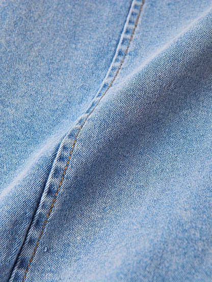 Women's Classic Denim Jacket, Casual V-Neck Long Sleeve Solid Color Coat with Pockets, Regular Fit Woven Fabric for Fall/Winter, Casual Attire | Stylish Denim Blazer | Glossy Finish Jacket