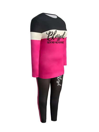 Ladies' Blessing Printed Casual Two-piece Set, Contrast Color Crew Neck Long Sleeve Top And Pants Suit